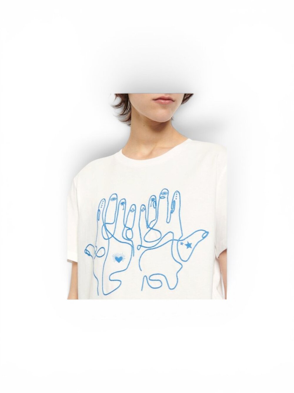 Sandro Paris White Cotton T-Shirt Evil Eye Hamzah Hand Embroidery - Sz 1 (US S) - Picture 2 of 8